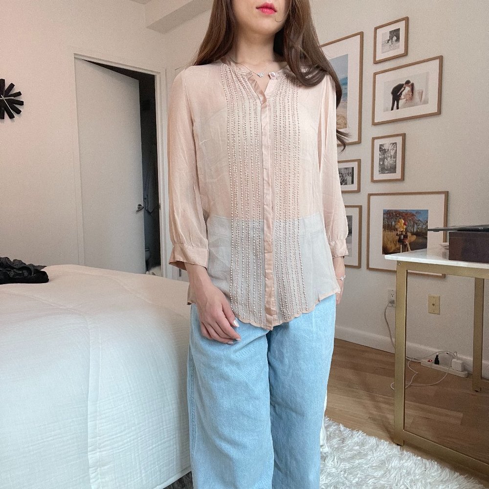 Mango Suit Pink Sheer Beaded Blouse Size 8